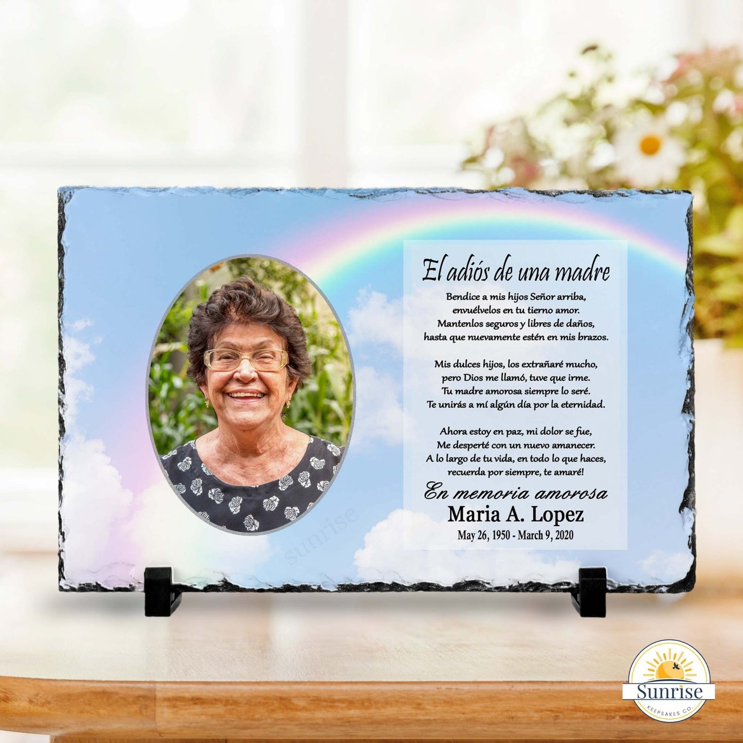 Spanish Memorial Photo Plaque for Mom – Rainbow Sky – Personalized Sympathy Gifts by Sunrise Keepsakes