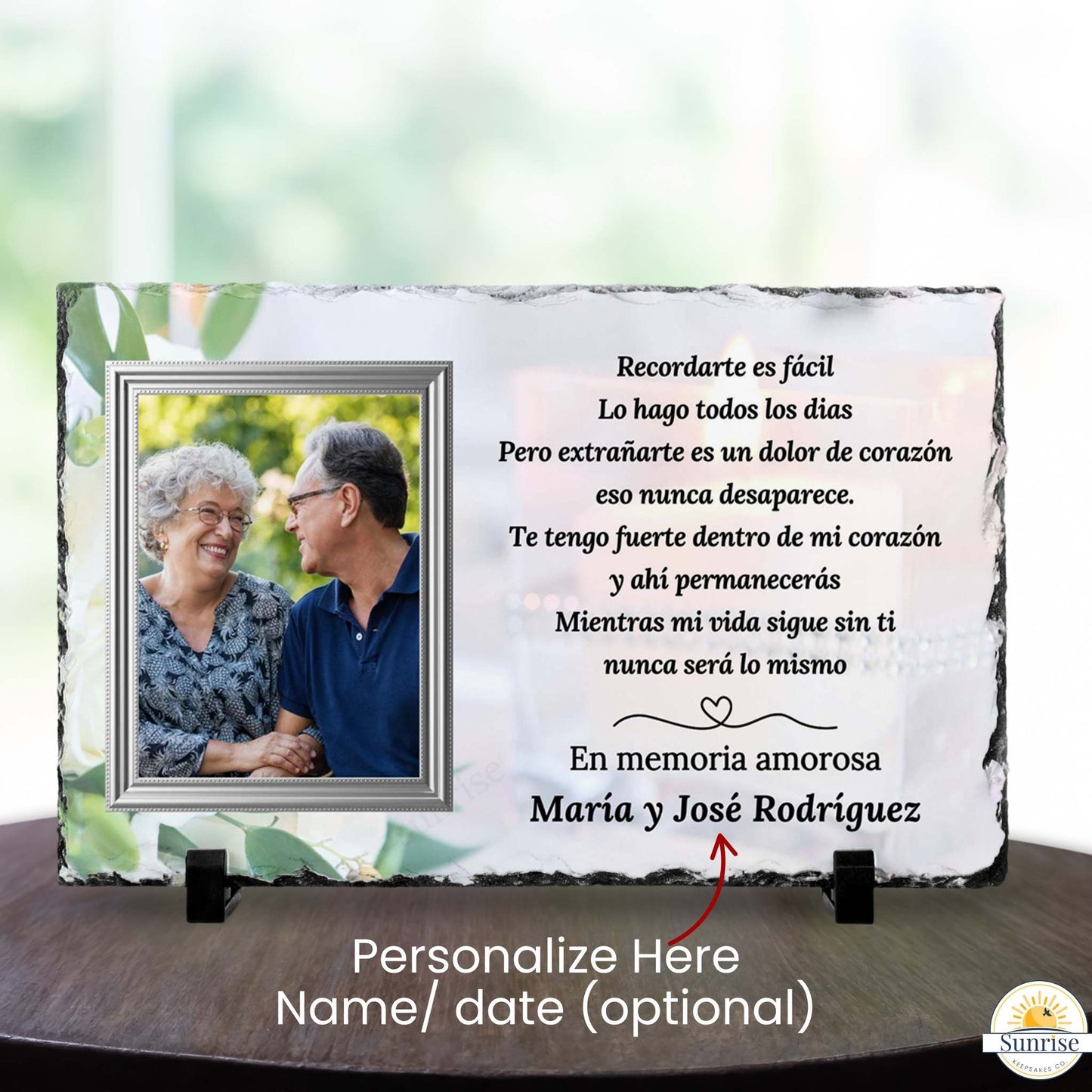 Spanish Memorial Photo Plaque – Remembering You Is Easy – showing where you can personalize