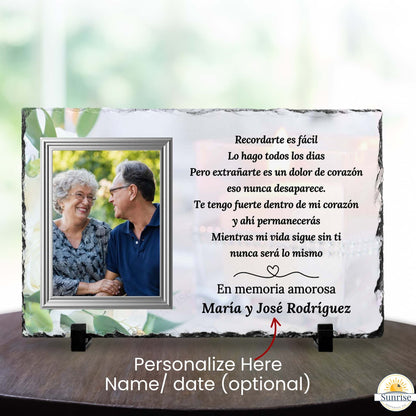 Spanish Memorial Photo Plaque – Remembering You Is Easy – showing where you can personalize