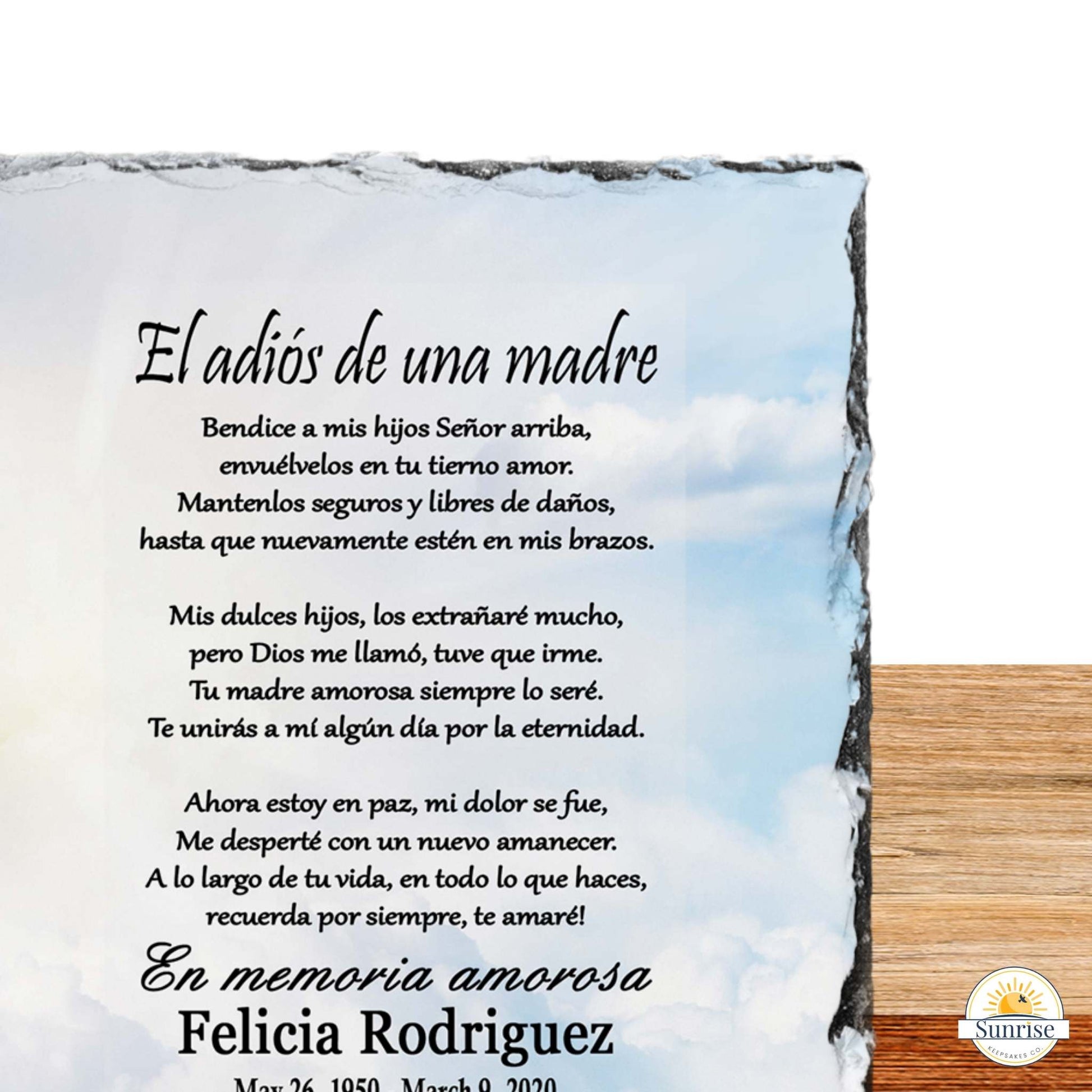 Spanish Memorial Plaque for Mom – El Adiós de una Madre – Personalized Sympathy Gifts by Sunrise Keepsakes