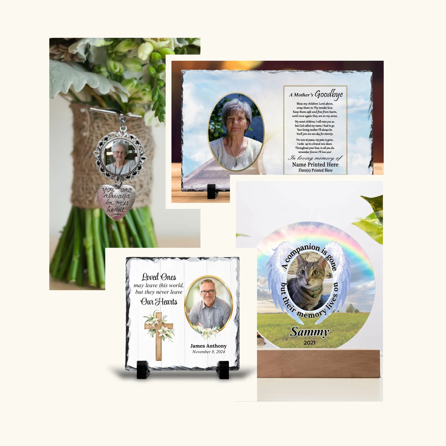 4 photo collage of memorial keepsakes and sympathy gifts - wedding bouquet pin, pet loss, loss of mother and loss of loved ones memorial photo plaque