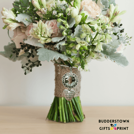Wedding Bouquet Photo Charm with Custom Photo & Heart Keepsake for Special Occasions – Personalized Sympathy Gifts by Sunrise Keepsakes