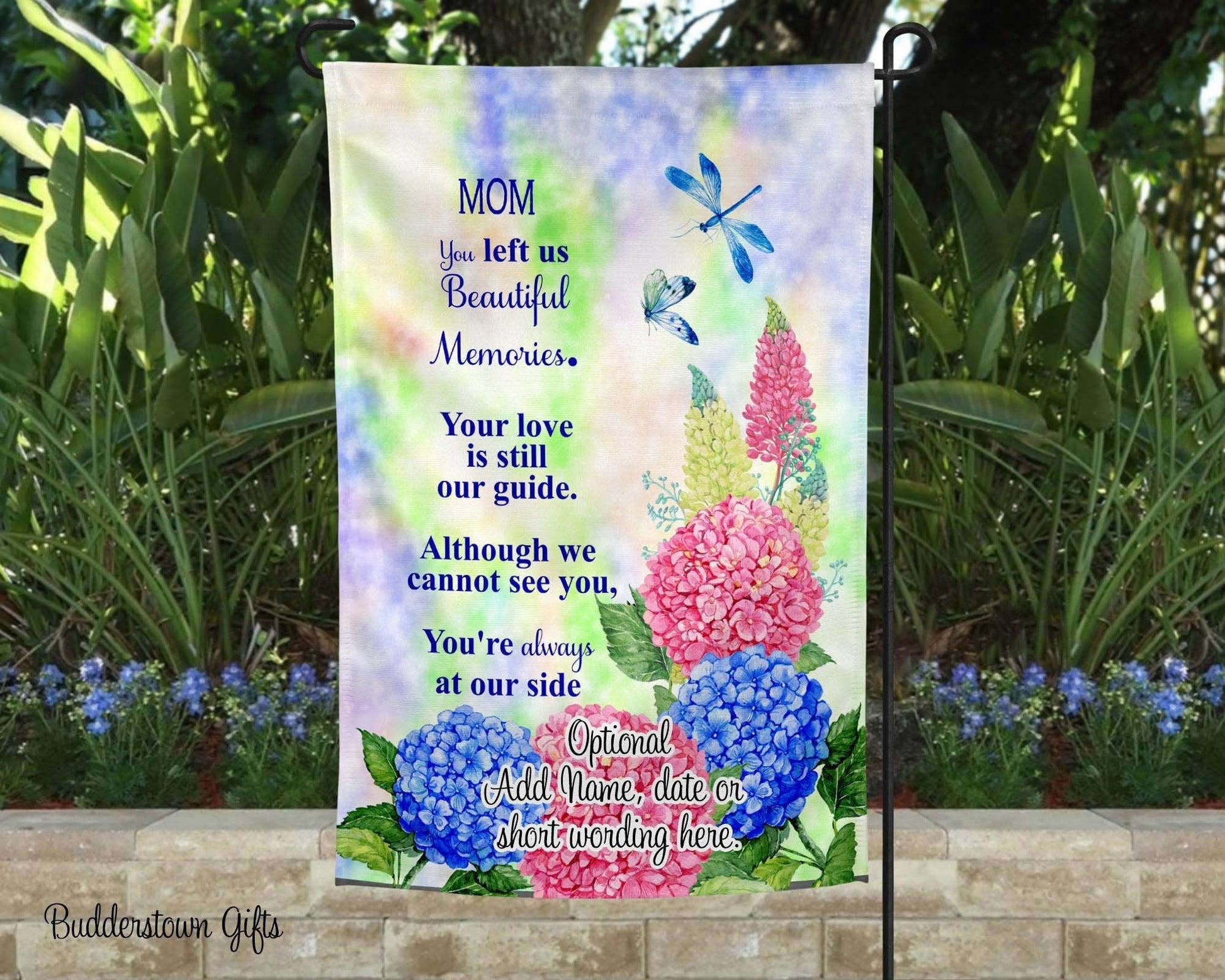 Loss of Mom memorial garden flag with personalization for honoring a beloved mother.