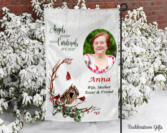 Cardinal memorial garden flag with the phrase “Angels appear when Cardinals are near” and option for personalized photo.