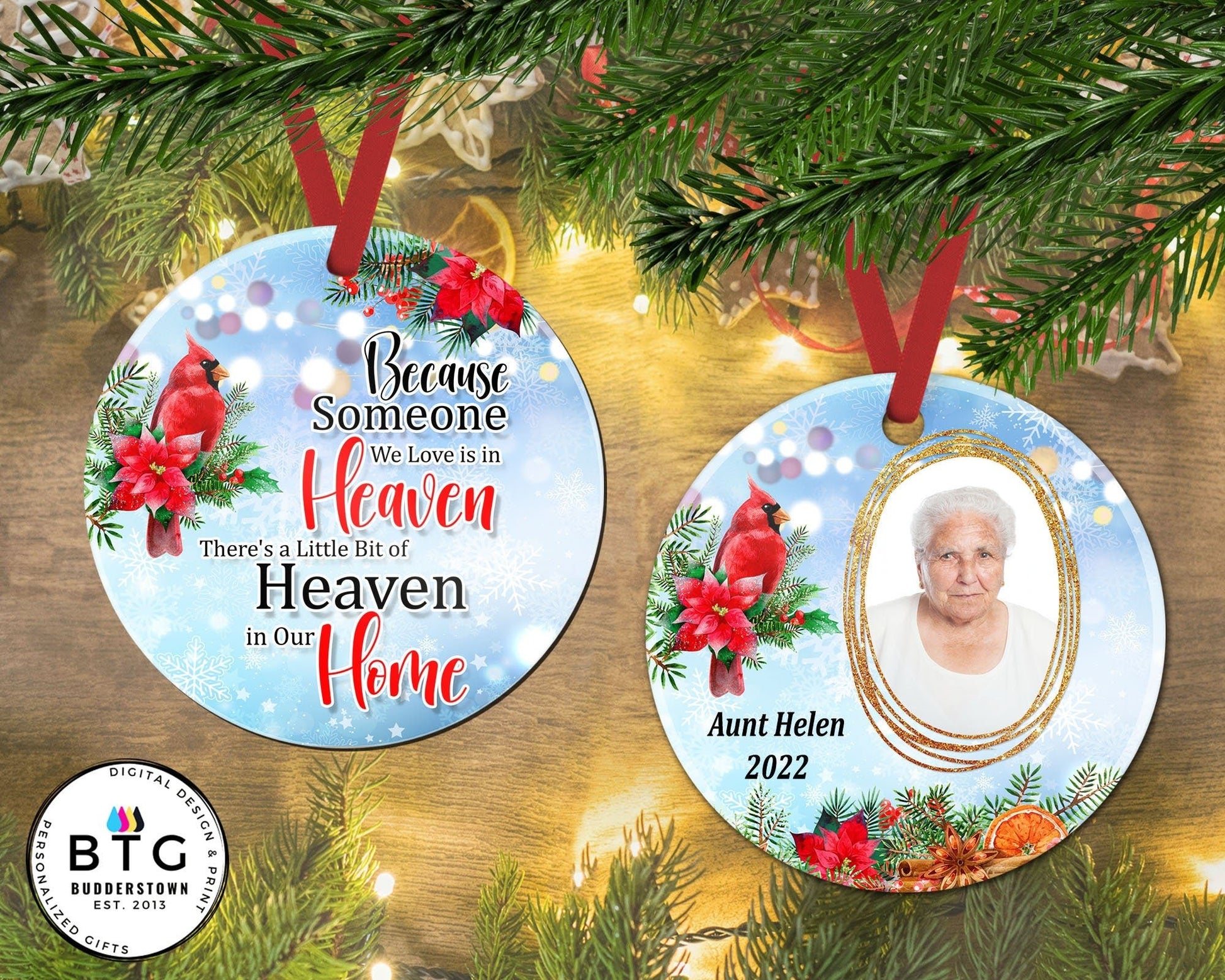 Because someone we love is in heaven - Cardinal Memorial Ornament - Personalized Memorial Ornament – Personalized Memorial Ornament by Sunrise Keepsakes