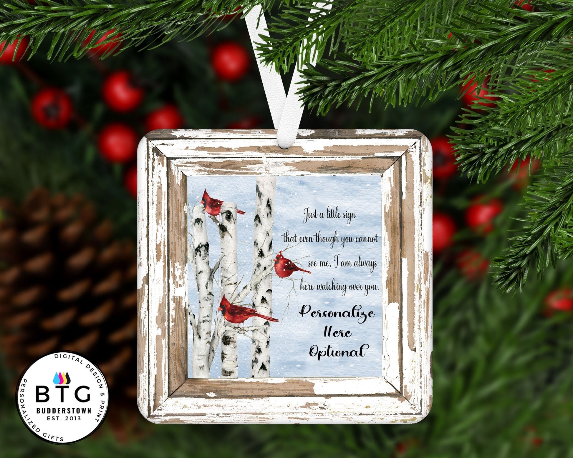 Cardinal Watching Ornament | Memorial Ornament | Cardinal Ornament – Personalized Memorial Ornament by Sunrise Keepsakes